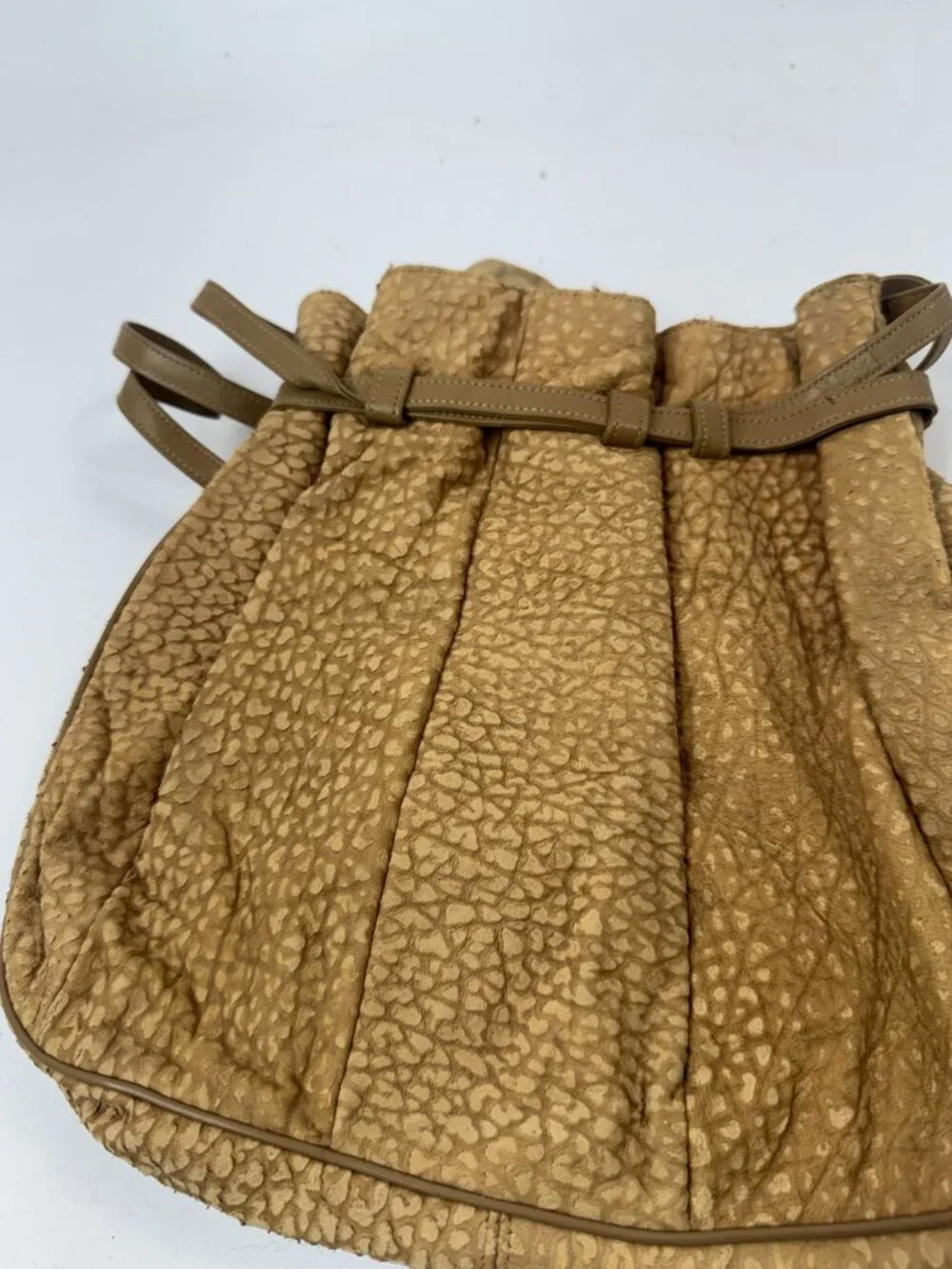 Vintage Tan Textured Suede Drawstring Bag With Inner Pouch & Adjustable Straps